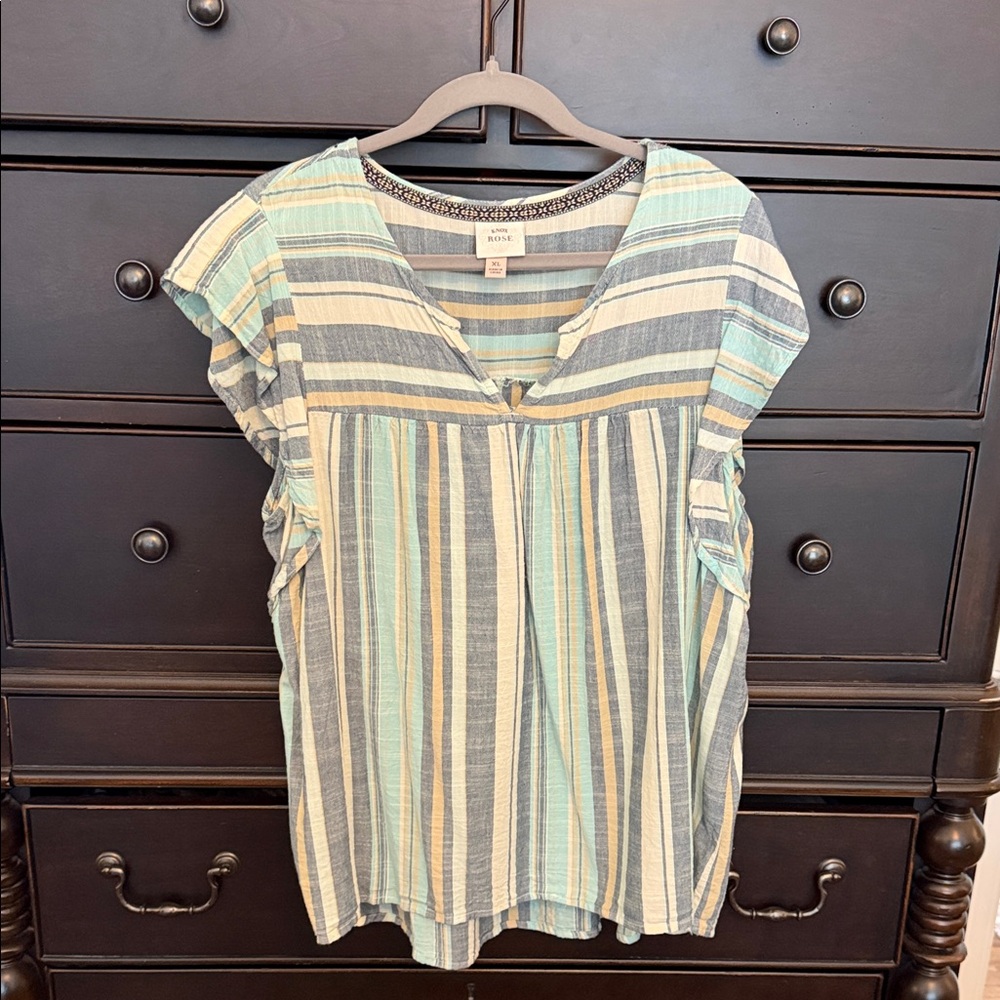 Knox Rose Striped Cap-Sleeve V-Neck Top in Aqua, Gray & Cream